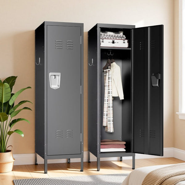 English Elm 55 Inch Steel Vertical Wardrobe Locker with Ventilated Door Lock and Side Hooks for Bedroom Black T2398P544592