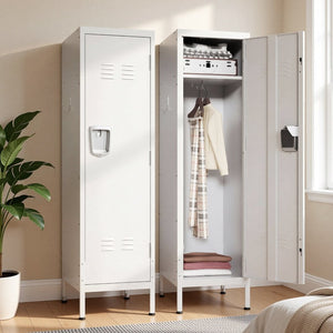 English Elm 55 Inch Steel Vertical Wardrobe Locker with Ventilated Door Lock and Side Hooks for Bedroom White T2398P544593