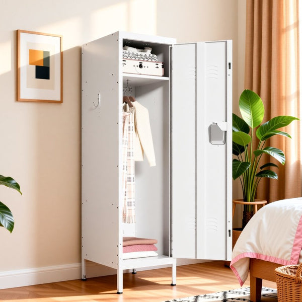 English Elm 55 Inch Steel Vertical Wardrobe Locker with Ventilated Door Lock and Side Hooks for Bedroom White T2398P544593