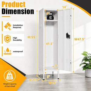 English Elm 55 Inch Steel Vertical Wardrobe Locker with Ventilated Door Lock and Side Hooks for Bedroom White T2398P544593