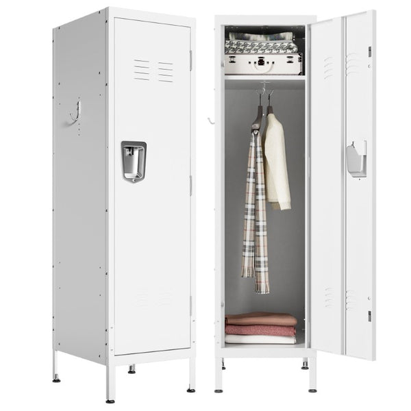 English Elm 55 Inch Steel Vertical Wardrobe Locker with Ventilated Door Lock and Side Hooks for Bedroom White T2398P544593