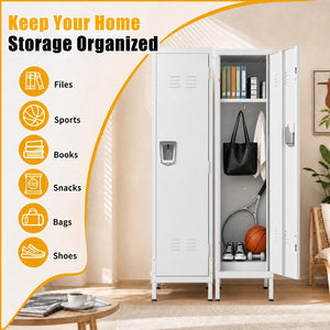 English Elm 55 Inch Steel Vertical Wardrobe Locker with Ventilated Door Lock and Side Hooks for Bedroom White T2398P544593