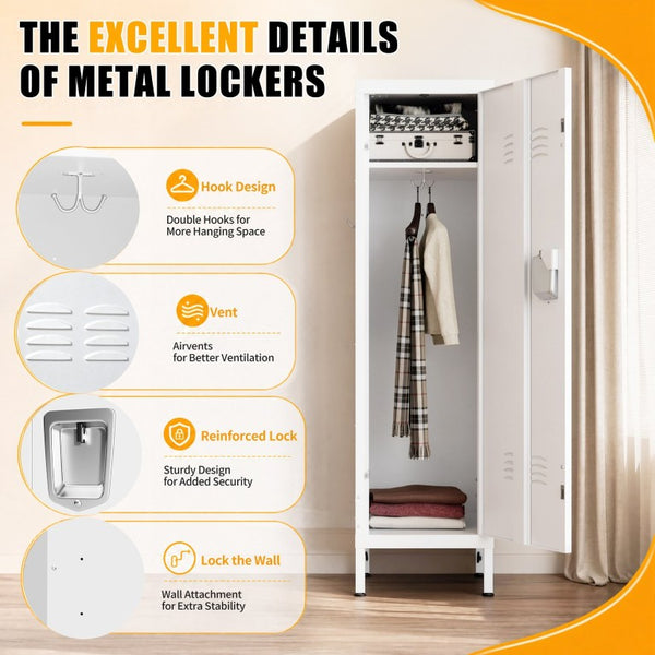 English Elm 55 Inch Steel Vertical Wardrobe Locker with Ventilated Door Lock and Side Hooks for Bedroom White T2398P544593
