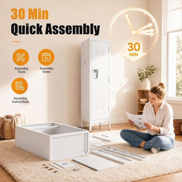 English Elm 55 Inch Steel Vertical Wardrobe Locker with Ventilated Door Lock and Side Hooks for Bedroom White T2398P544593