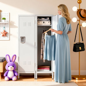 English Elm 55 Inch Steel Vertical Wardrobe Locker with Ventilated Door Lock and Side Hooks for Bedroom White T2398P544593