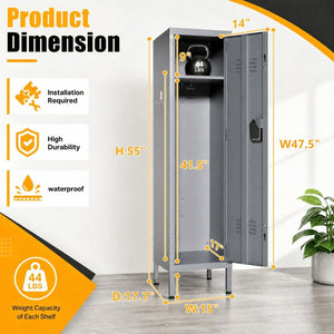 English Elm 55 Inch Steel Vertical Wardrobe Locker with Ventilated Door Lock and Side Hooks for Bedroom Gray T2398P544594