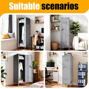 English Elm 55 Inch Steel Vertical Wardrobe Locker with Ventilated Door Lock and Side Hooks for Bedroom Gray T2398P544594