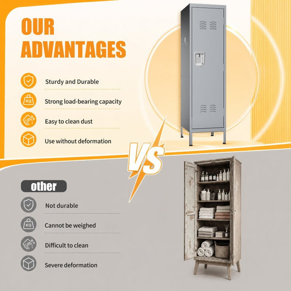 English Elm 55 Inch Steel Vertical Wardrobe Locker with Ventilated Door Lock and Side Hooks for Bedroom Gray T2398P544594