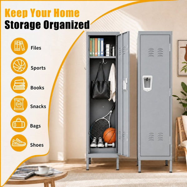 English Elm 55 Inch Steel Vertical Wardrobe Locker with Ventilated Door Lock and Side Hooks for Bedroom Gray T2398P544594