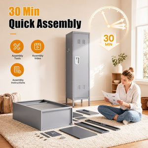English Elm 55 Inch Steel Vertical Wardrobe Locker with Ventilated Door Lock and Side Hooks for Bedroom Gray T2398P544594