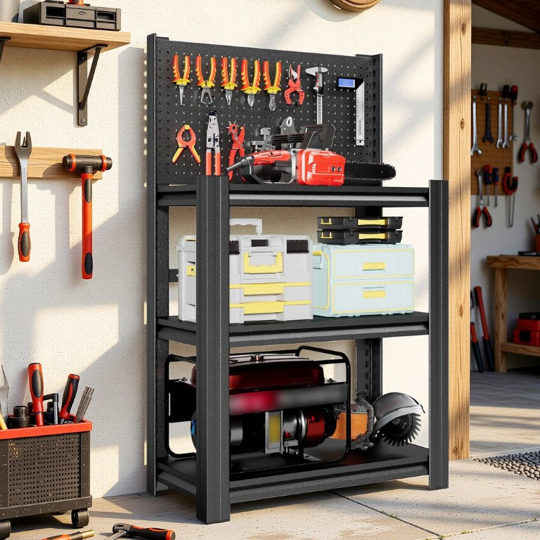 English Elm 3‑Tier Steel Shelving Rack with Pegboard Panel for Garage Workshop Basement Storage T2398P565485