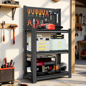 English Elm 3‑Tier Steel Shelving Rack with Pegboard Panel for Garage Workshop Basement Storage T2398P565485