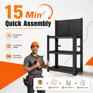 English Elm 3‑Tier Steel Shelving Rack with Pegboard Panel for Garage Workshop Basement Storage T2398P565485