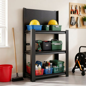 English Elm 3‑Tier Steel Shelving Rack with Pegboard Panel for Garage Workshop Basement Storage T2398P565485
