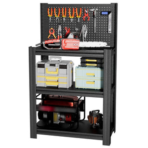 English Elm 3‑Tier Steel Shelving Rack with Pegboard Panel for Garage Workshop Basement Storage T2398P565485