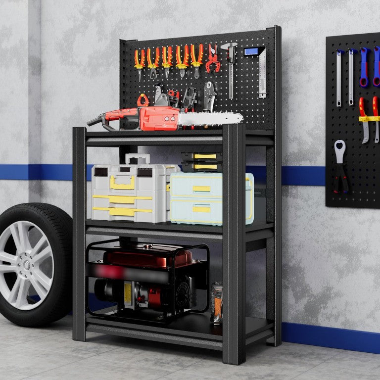 English Elm 3‑Tier Steel Shelving Rack with Pegboard Panel for Garage Workshop Basement Storage T2398P565485
