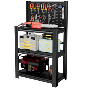 English Elm 3‑Tier Steel Shelving Rack with Pegboard Panel for Garage Workshop Basement Storage T2398P565485