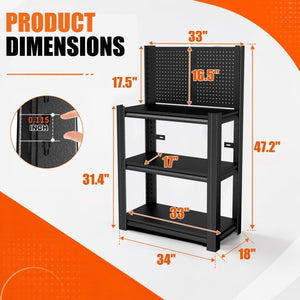 English Elm 3‑Tier Steel Shelving Rack with Pegboard Panel for Garage Workshop Basement Storage T2398P565485