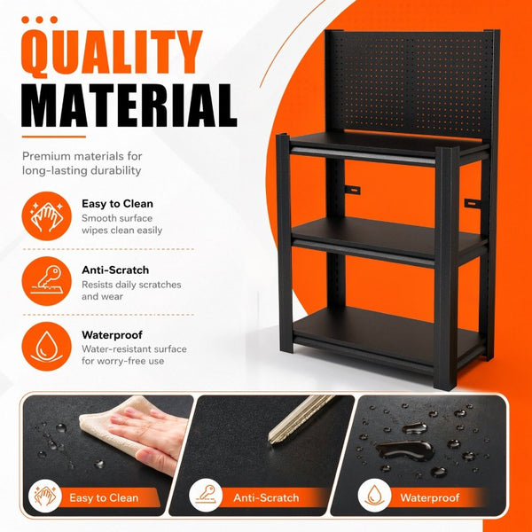 English Elm 3‑Tier Steel Shelving Rack with Pegboard Panel for Garage Workshop Basement Storage T2398P565485