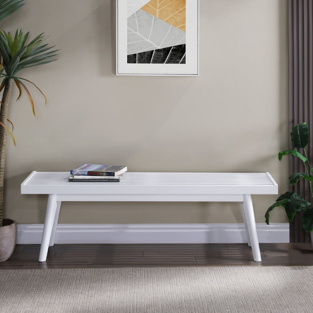 English Elm Larwich Slatted Pine Entryway Bench White Farmhouse Style Tapered Leg Solid Wood T2574P160499