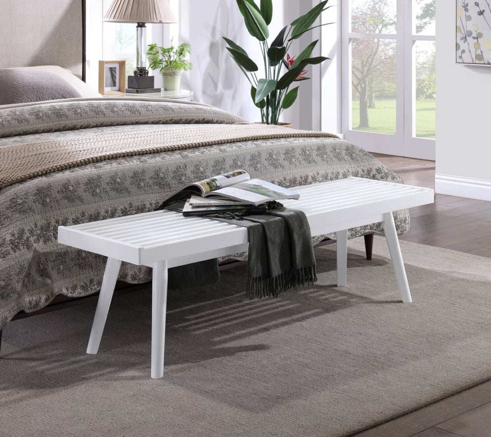 English Elm Larwich Slatted Pine Entryway Bench White Farmhouse Style Tapered Leg Solid Wood T2574P160499