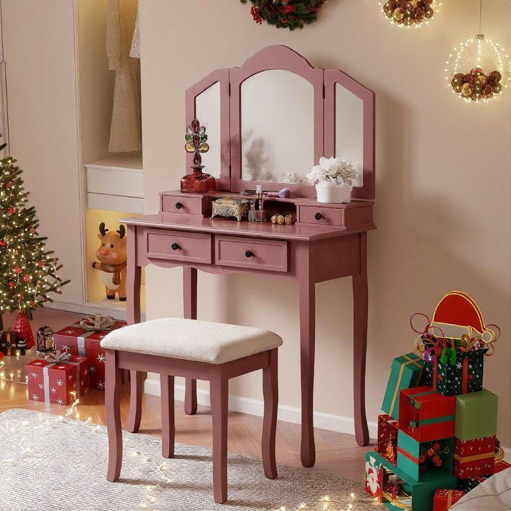 English Elm Sanlo Wooden Bedroom Vanity Set with Tri-fold Mirror Four Drawers and Padded Stool T2574P162837