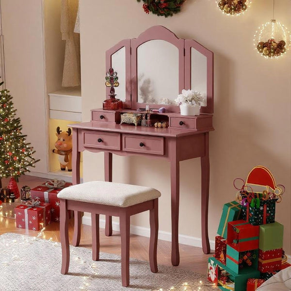 English Elm Sanlo Wooden Bedroom Vanity Set with Tri-fold Mirror Four Drawers and Padded Stool T2574P162837
