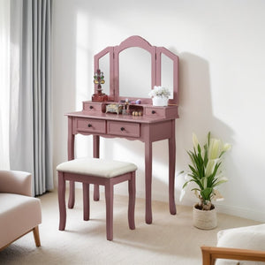 English Elm Sanlo Wooden Bedroom Vanity Set with Tri-fold Mirror Four Drawers and Padded Stool T2574P162837