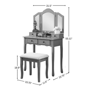English Elm Sanlo Wooden Bedroom Vanity Set with Tri-fold Mirror Four Drawers and Padded Stool T2574P162837