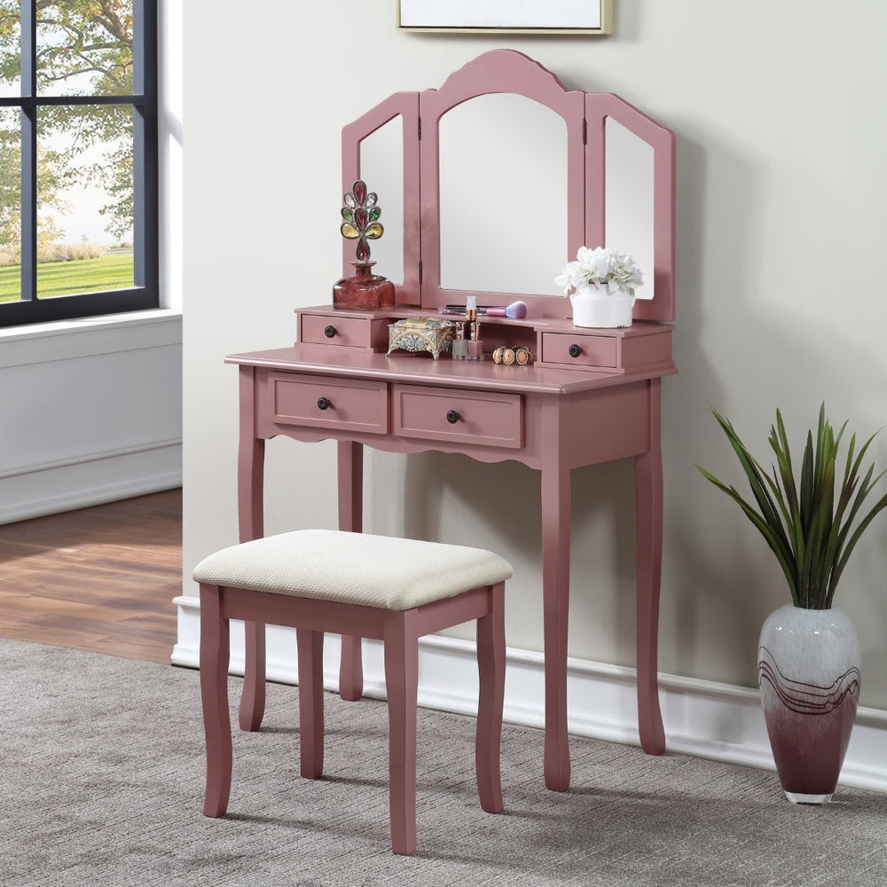 English Elm Sanlo Wooden Bedroom Vanity Set with Tri-fold Mirror Four Drawers and Padded Stool T2574P162837