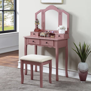 English Elm Sanlo Wooden Bedroom Vanity Set with Tri-fold Mirror Four Drawers and Padded Stool T2574P162837