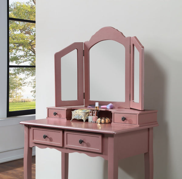 English Elm Sanlo Wooden Bedroom Vanity Set with Tri-fold Mirror Four Drawers and Padded Stool T2574P162837