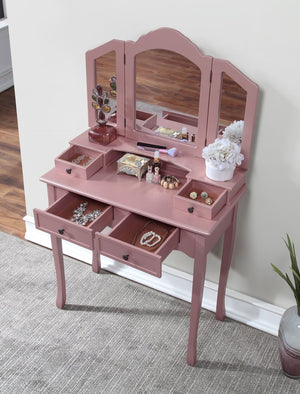 English Elm Sanlo Wooden Bedroom Vanity Set with Tri-fold Mirror Four Drawers and Padded Stool T2574P162837