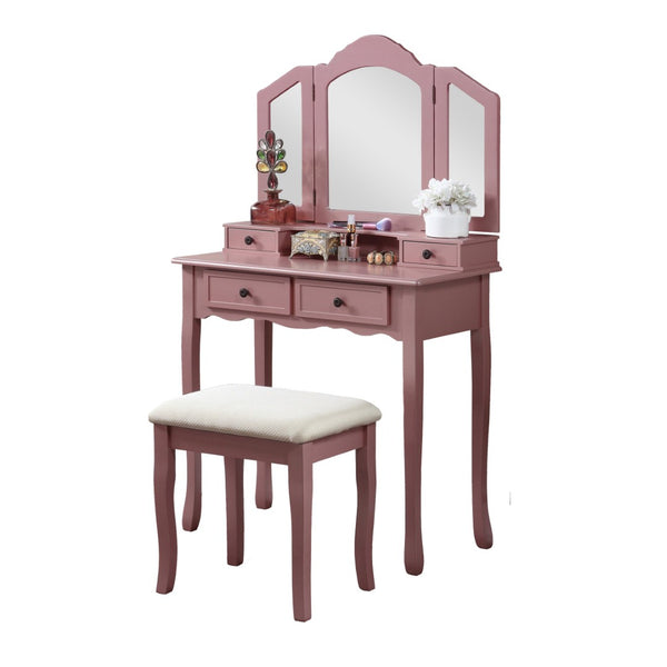 English Elm Sanlo Wooden Bedroom Vanity Set with Tri-fold Mirror Four Drawers and Padded Stool T2574P162837