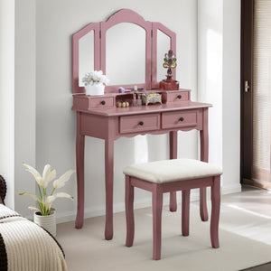 English Elm Sanlo Wooden Bedroom Vanity Set with Tri-fold Mirror Four Drawers and Padded Stool T2574P162837