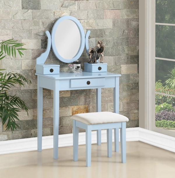 English Elm Moniys Wood Makeup Vanity Table with Swivel Mirror Three Drawers and Upholstered Stool Blue T2574P163829