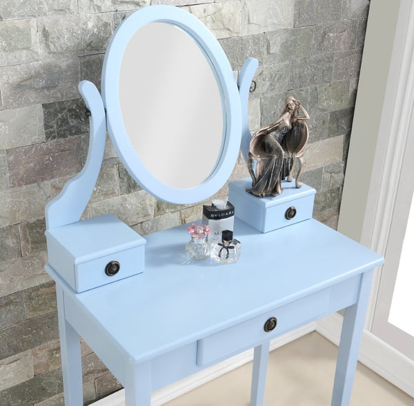 English Elm Moniys Wood Makeup Vanity Table with Swivel Mirror Three Drawers and Upholstered Stool Blue T2574P163829