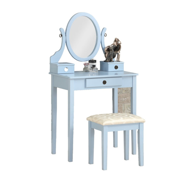 English Elm Moniys Wood Makeup Vanity Table with Swivel Mirror Three Drawers and Upholstered Stool Blue T2574P163829