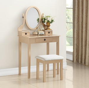 English Elm Moniys Wood Makeup Vanity Table with Swivel Mirror Three Drawers and Upholstered Stool Gold T2574P163830