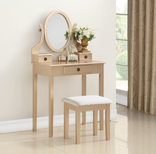 English Elm Moniys Wood Makeup Vanity Table with Swivel Mirror Three Drawers and Upholstered Stool Gold T2574P163830