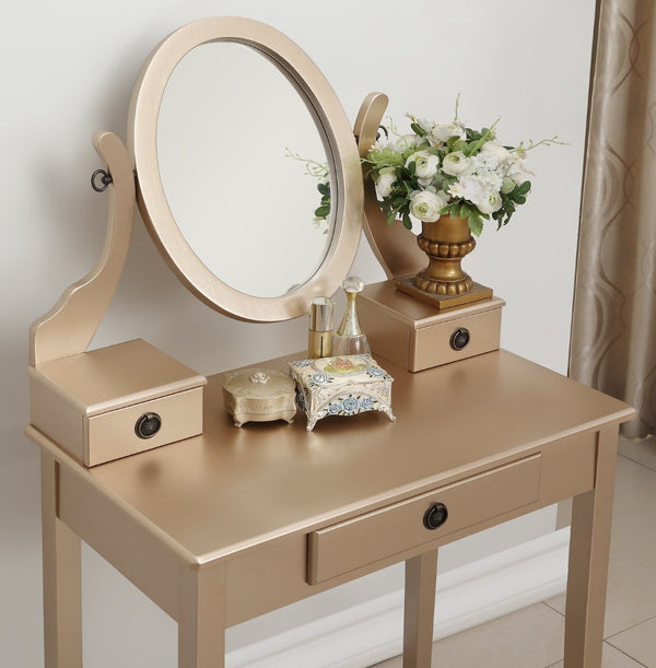English Elm Moniys Wood Makeup Vanity Table with Swivel Mirror Three Drawers and Upholstered Stool Gold T2574P163830