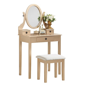 English Elm Moniys Wood Makeup Vanity Table with Swivel Mirror Three Drawers and Upholstered Stool Gold T2574P163830
