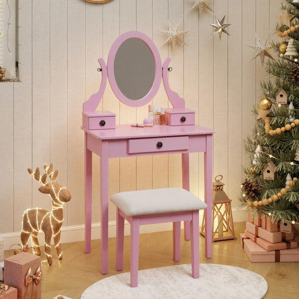 English Elm Moniys Wood Makeup Vanity Set with Swivel Oval Mirror Three Drawers and Padded Stool T2574P163831