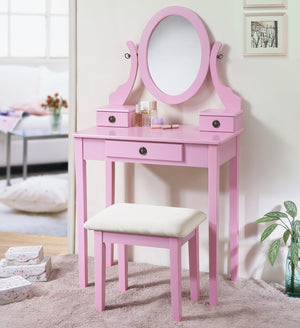 English Elm Moniys Wood Makeup Vanity Set with Swivel Oval Mirror Three Drawers and Padded Stool T2574P163831