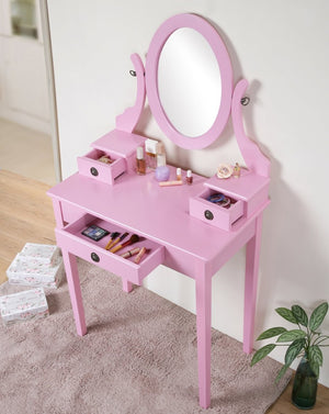 English Elm Moniys Wood Makeup Vanity Set with Swivel Oval Mirror Three Drawers and Padded Stool T2574P163831