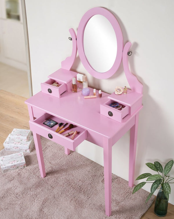 English Elm Moniys Wood Makeup Vanity Set with Swivel Oval Mirror Three Drawers and Padded Stool T2574P163831
