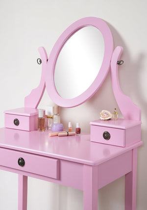 English Elm Moniys Wood Makeup Vanity Set with Swivel Oval Mirror Three Drawers and Padded Stool T2574P163831