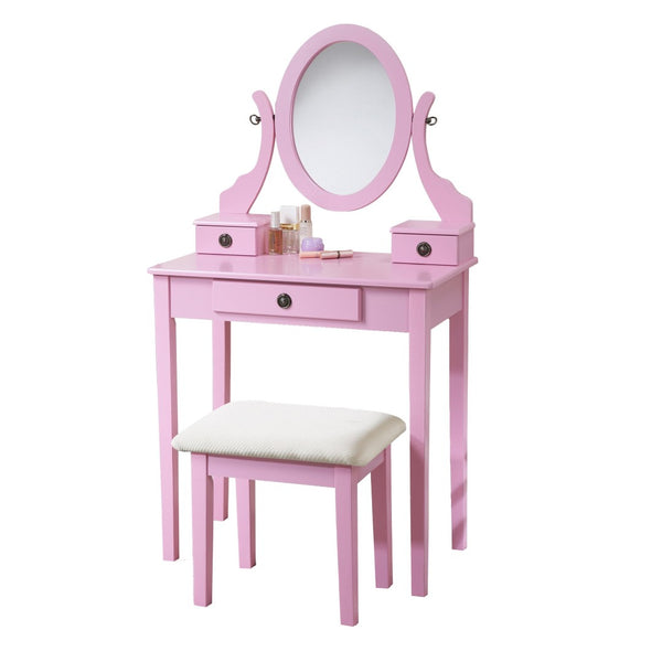 English Elm Moniys Wood Makeup Vanity Set with Swivel Oval Mirror Three Drawers and Padded Stool T2574P163831