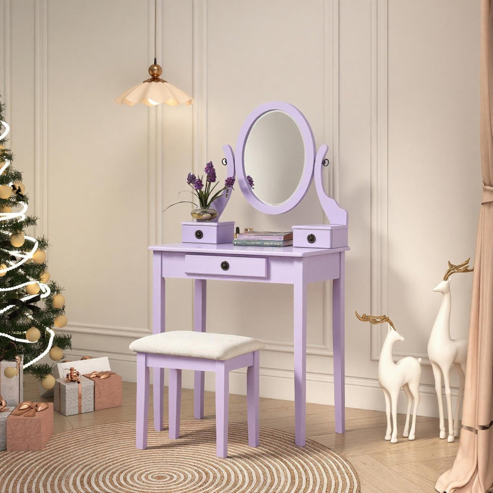 English Elm Moniys Wood Makeup Vanity Set with Oval Mirror Three Drawers and Upholstered Stool T2574P163832