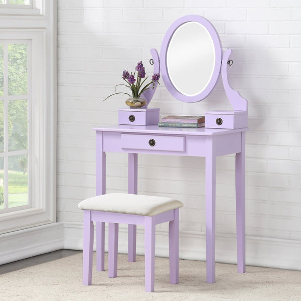 English Elm Moniys Wood Makeup Vanity Set with Oval Mirror Three Drawers and Upholstered Stool T2574P163832